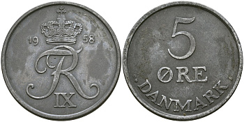Дания 5 эре 1958 C;S, Фредерик IX (1947-1972) KM 843.2 цинк 4137-612