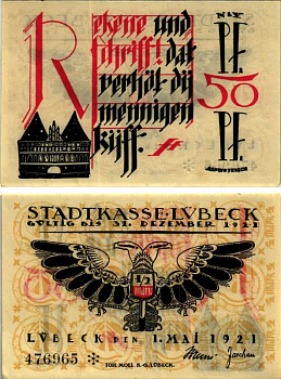 ЛЮБЕК, ГЕРМАНИЯ 50 ПФЕННИГОВ 1921 НОТГЕЛЬД, 1 МАЯ 1921, ЗЕМЛЯ ШЛЕЗВИГ-ГОЛЬШТЕЙН, БУКВА R ARNOLD KELLER 831.2 бумага 7523-30-2-1