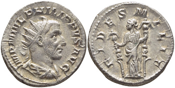Римская Империя антониниан 244 - 247 Филипп I Араб, FIDES MILIT, Фидея, персонификация Верности, Рим, Good Very fine RIC 32b серебро 1073-15-23