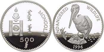 Монголия 500 тугриков 1996 серия сохраним наш мир, пеликан KM 187 серебро PROOF 1080-4-14