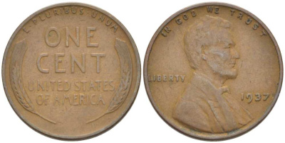 США 1 ЦЕНТ 1937 ЛИНКОЛЬН KM 132 бронза 3309-437
