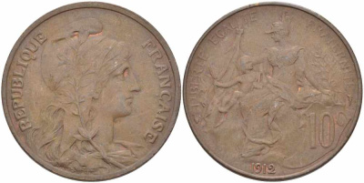 ФРАНЦИЯ 10 САНТИМОВ 1912 ТИП ДАНИЭЛЬ ДЮПЮИ KM 843, LA FRANC 136.22 бронза 109-246