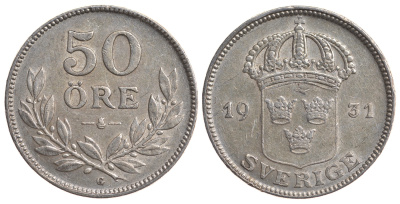 Швеция 50 эре 1931 G, Густав V (1907-1950) KM 788 серебро 4179-941