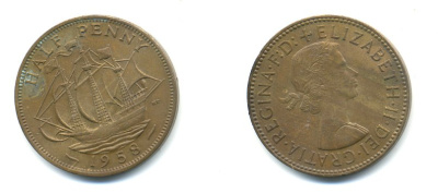 Великобритания 1/2 пенни 1958 Елизавета II (1952-2022) KM 896, Spink 4158 бронза 59-1113