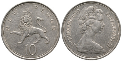 Великобритания 10 пенсов 1970 Елизавета II (1952-2022) KM 912, Spink 4231 (F1) медно-никель 86-1546