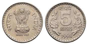 Индия 5 рупий 1998 KM 154.1 медно-никель UNC 4686-1152