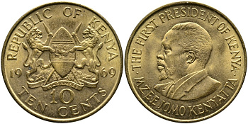 Кения 10 центов 1969 Джомо Кениата KM 11 никель латунь 4526-1111