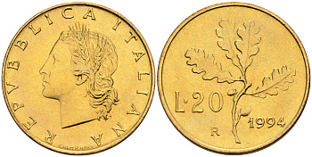 Италия 20 лир 1994 R, дубовый лист KM 97.2 алюминиевая бронза  UNC  4594-922