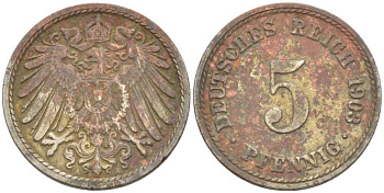 ГЕРМАНИЯ 5 ПФЕННИГОВ 1903 А KM 11, J. 12 медно-никель 206-1214