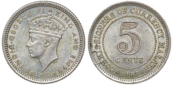 Британская Малайя 5 центов 1943 Георг VI (1937-1952) KM 3a серебро 53-149