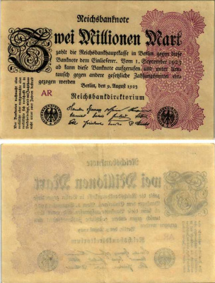 ГЕРМАНИЯ 2000000 МАРОК 1923 9 АВГУСТА 1923, ВОДЯНОЙ ЗНАК Е, G/D В ЗВЁЗДАХ, СЕРИЯ AR Pick 104а, Rosenberg 103a бумага 6293-27-3-1