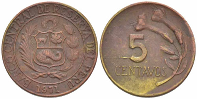 ПЕРУ 5 СЕНТАВО 1971 KM 244.2 латунь 105-722