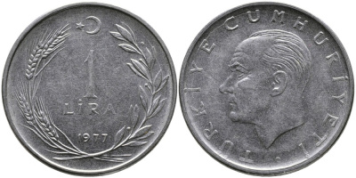 Турция 1 лира 1977 Мустафа Кемаль Ататюрк KM 889а.2 нержавеющая сталь 4541-524