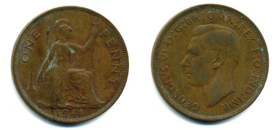 Великобритания 1 пенни 1948 Георг VI (1936-1952) KM 845, Spink 4114 бронза 57-142