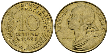 Франция 10 сантимов 1989 тип Marianne KM 929, le Franc 144.29 алюминиевая бронза 4136-429