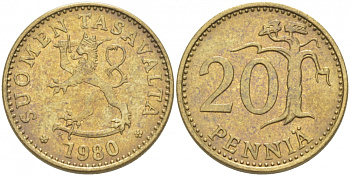 ФИНЛЯНДИЯ 20 ПЕННИ 1980 K KM 47 алюминиевая бронза 3718-644