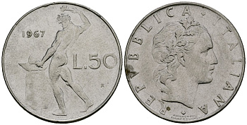 Италия 50 лир 1967 R, бог огня Вулкан у наковальни KM 95.1 нержавеющая сталь 4138-557