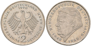 ФРГ 2 марки 1990 J, Франц Йозеф Штраус, 40 лет Федеративной Республик KM 176 медно-никель 4572-1031
