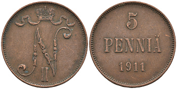 Россия для Финляндии 5 пенни 1911 Николай II (1894-1917) KM 15, Биткин 451 медь 85-315