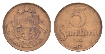 Латвия 5 сантимов 1922 KM 3 бронза 4658-1213