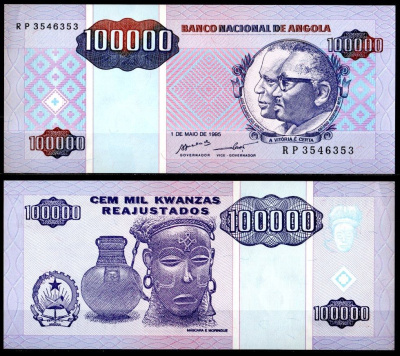 Ангола 100000 кванза 1995 Pick 139 бумага UNC (пресс) 7214-14-3-2