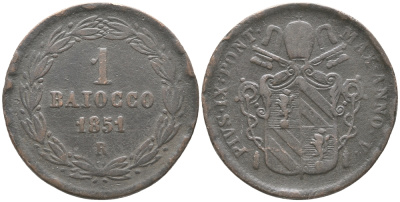 Ватикан 1 байоччо 1851 R, год V KM 1345 (C168) медь 176-241