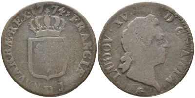 ФРАНЦИЯ 1 СУ 1774 D, ЛЮДОВИК XV (1715-1774) KM 545.5 (С10.6) медь 51-1632