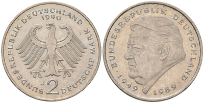 ФРГ 2 марки 1990 J, Франц Йозеф Штраус, 40 лет Федеративной Республик KM 176 медно-никель 4572-1031
