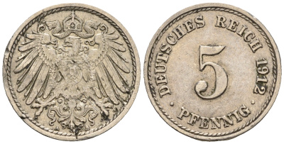 Германия 5 пфеннигов 1912 A, KM 11, J. 12 медно-никель 220-633