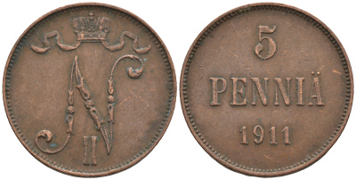 Россия для Финляндии 5 пенни 1911 Николай II (1894-1917) KM 15, Биткин 451 медь 85-315