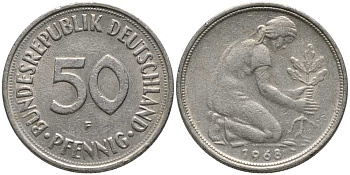 ФРГ 50 ПФЕННИГОВ 1968 F KM 109.1, J. 384 медно-никель плакированный никелем 112-716