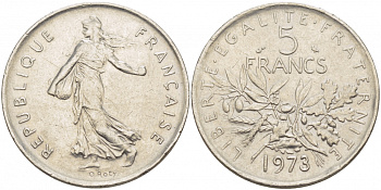 ФРАНЦИЯ 5 ФРАНКОВ 1973 СЕЯТЕЛЬ KM 926a.1, LE FRANC 341.5 медно-никель плакированный никелем 4403-231