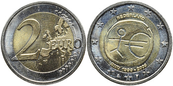 Нидерланды 2 евро 2009 10 лет монетарной политики ЕС (EMU) и введения евро KM 281 биметалл UNC 4384-812