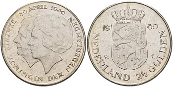 Нидерланды 2 1/2 гульдена 1980 коронация Беатрикс, 30 апреля 1980 KM 201 никель 210-1243