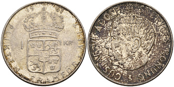 Швеция 1 крона 1961 TS, Густав VI Адольф (1950-1973) KM 826 серебро 4150-115