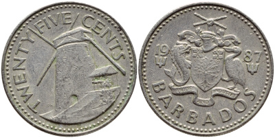 Барбадос 25 центов 1987 ветряная мельница Моргана Льюиса KM 13 медно-никель 4398-422