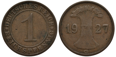 ГЕРМАНИЯ 1 РЕЙХСПФЕННИГ 1927 G KM 37, J. 313 бронза 413-5122