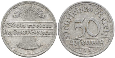 ГЕРМАНИЯ 50 ПФЕННИГОВ 1922 G KM 27, J. 301, Weege 10 алюминий 261-747
