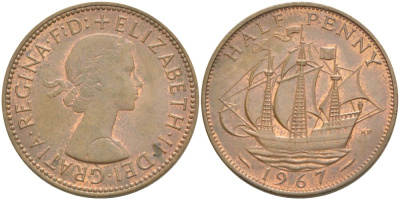 Великобритания 1/2 пенни 1967 Елизавета II (1952-2022) KM 896, Spink 4158 бронза 4544-152