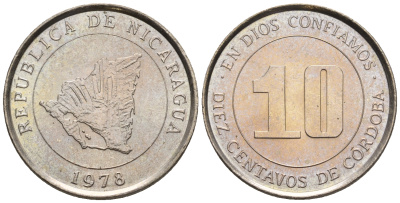 Никарагуа 10 сентаво 1978 карта страны KM 31 медно-никель  UNC  220-1229