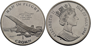 Остров Мэн 1 крона 1994 25 лет со дня первого полета Конкорда КМ 424 медно-никель UNC 4125-134