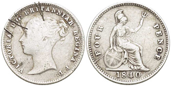 Великобритания 4 пенса 1840 Виктория (1837-1901) KM 731.1, Spink 3913 серебро 1516-841