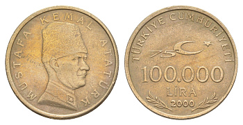 Турция 100000 лир 2000 75 лет республике, Мустафа Кемаль Ататюрк KM 1078 медь цинк никель 4648-1225