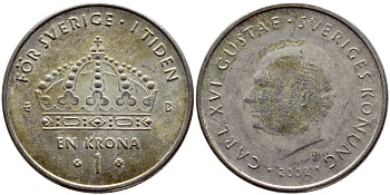 Швеция 1 крона 2002 Карл XVI Густав (1973- ) KM 894 медно-никель 4364-1027