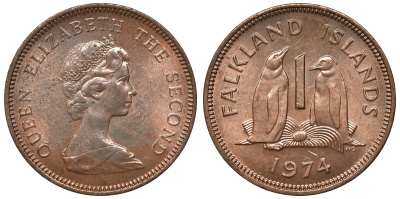 Фолклендские острова 1 пенни 1974 Елизавета II (1952-2022), папуанский пингвин KM 2 бронза aUNC 4118-133