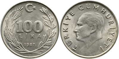 ТУРЦИЯ 100 ЛИР 1987 KM 967 медь никель цинк 29-934