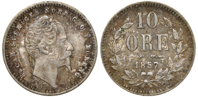 Швеция 10 эре 1857 ST, Оскар I (1844-1859) KM 683 серебро 4179-657