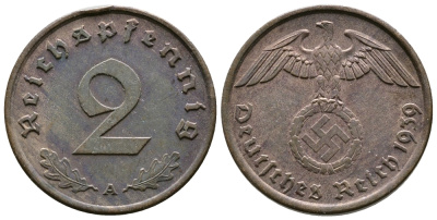 ГЕРМАНИЯ 2 РЕЙХСПФЕННИГА 1939 A KM 90, J. 362 бронза 177-134