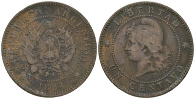 Аргентина 1 сентаво 1884 KM 32 бронза 92-127