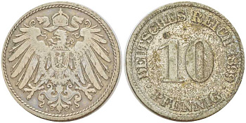 ГЕРМАНИЯ 10 ПФЕННИГОВ 1899 A KM 12, J. 13, Weege 8 медно-никель 261-1325